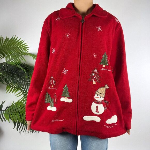 Vintage 90s Red Holiday Grandma Ugly Christmas Oversized Sweater Jacket / S - Picture 4 of 7